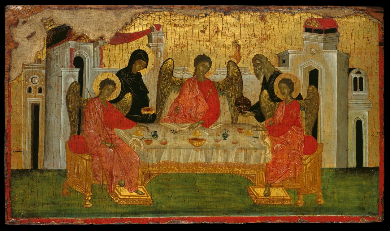A hospitalidade de Abraão, uma representação simbólica da Santíssima Trindade (ovo tempera no painel) de Turkish School