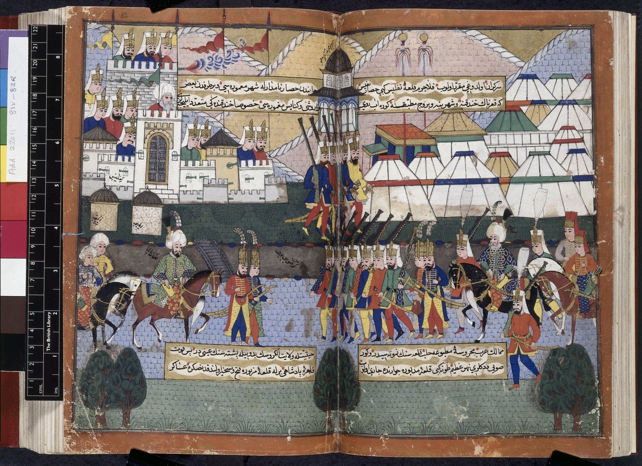 Adicionar. 22011, ff.81v-82, exército otomano de Lala Mustafa Pasha desfilando diante das muralhas de Tíflis de 