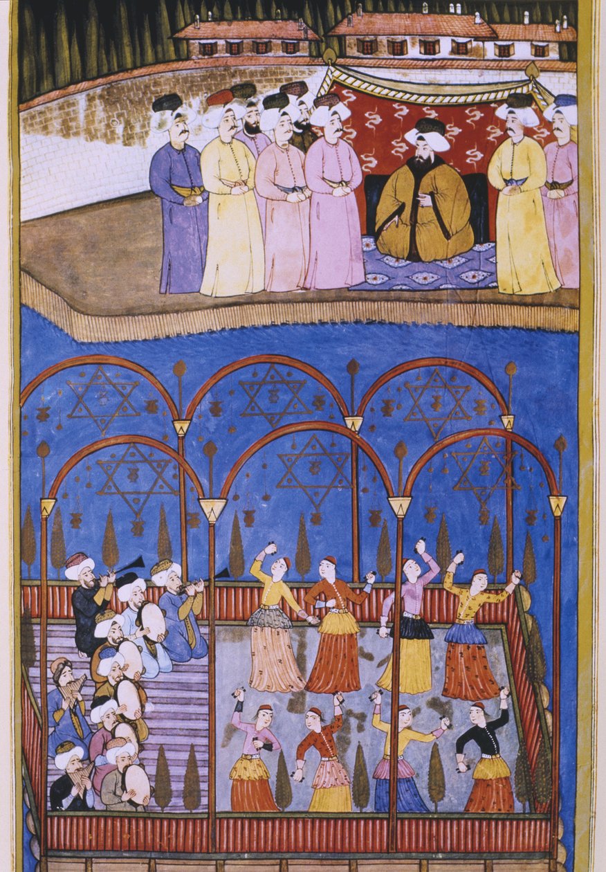 Dançarinos e músicos antes do sultão e sua corte, de Sur-Nama de Turkish School