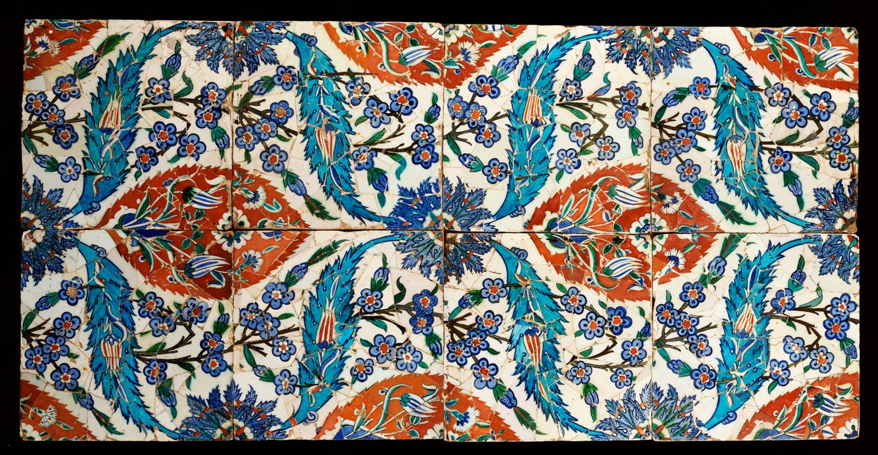 Oito telhas quadradas policromadas compostas de Iznik, c.1575 de Turkish School