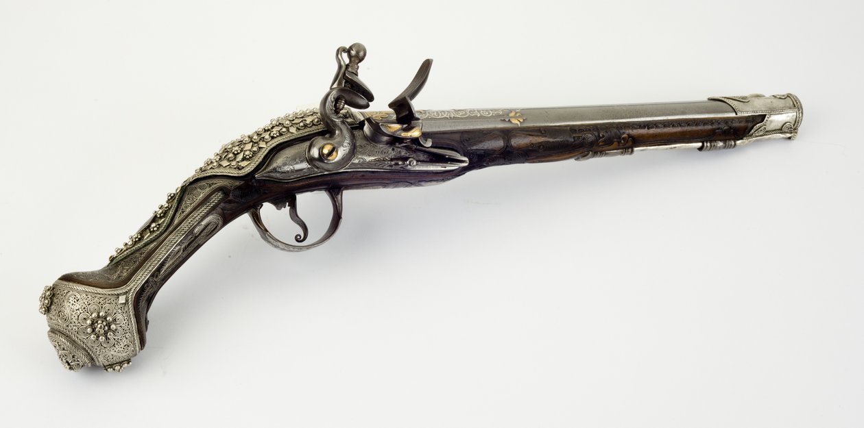 Pistola de pederneira (aço, madeira, prata e ouro) de Turkish School