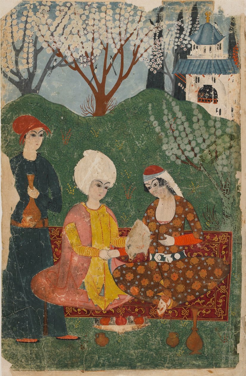 Fólio de um texto não identificado; reto: Príncipe e Princesa Sentados em um Tapete, Istambul, c.1700-25 (aquarela opaca, tinta e ouro sobre papel) de Turkish School