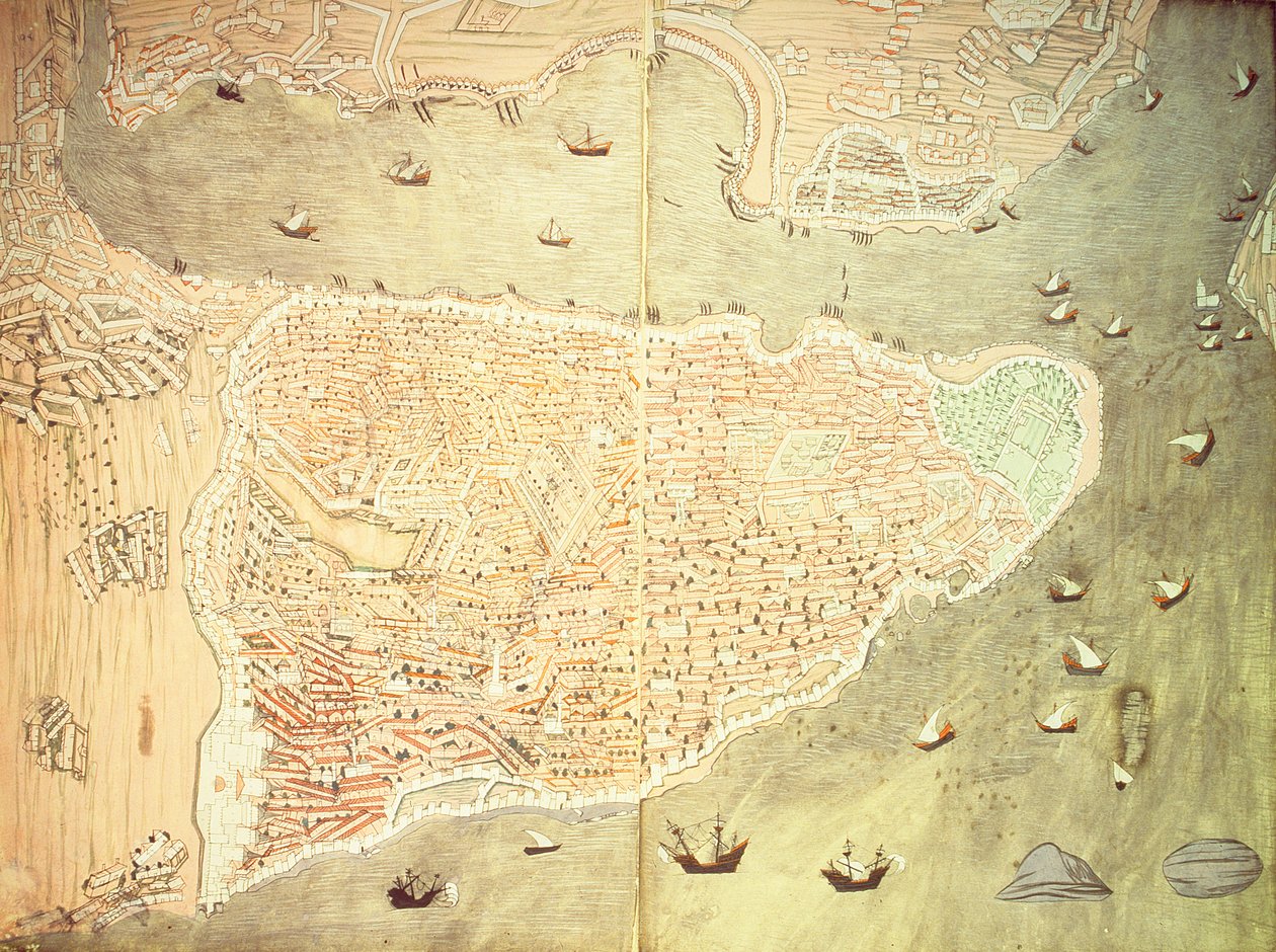 H 1523 fol.158v-159r Vista de Istambul e do Estreito de Bósforo, do &39;Hunername&39; de Lokman, 1558 (caneta e tinta sobre papel) (ver 181495 para detalhes) de Turkish School