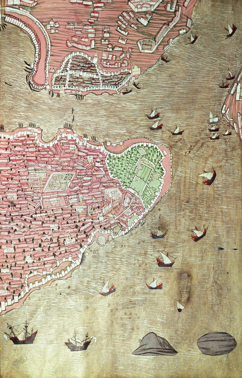 H 1523 fol.159v Vista do Palácio de Topkapi e do Estreito de Bósforo, Istambul, a partir do Hunername de Lokman, 1558 (caneta e tinta e guache sobre papel) (ver também 229557) de Turkish School