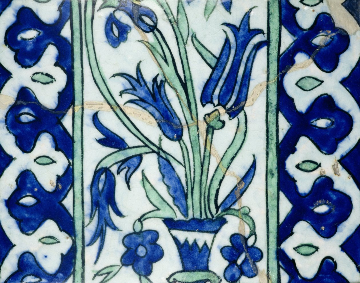 Azulejo Isnik com um vaso de flores e bordas (faiança com vidrado colorido) de Turkish School