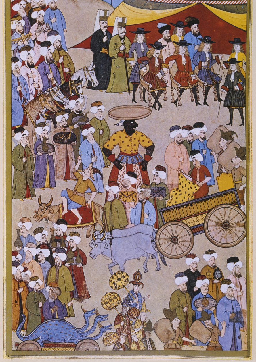 Comerciantes e acrobatas chegando antes dos embaixadores europeus, da Sur-Nama de Turkish School