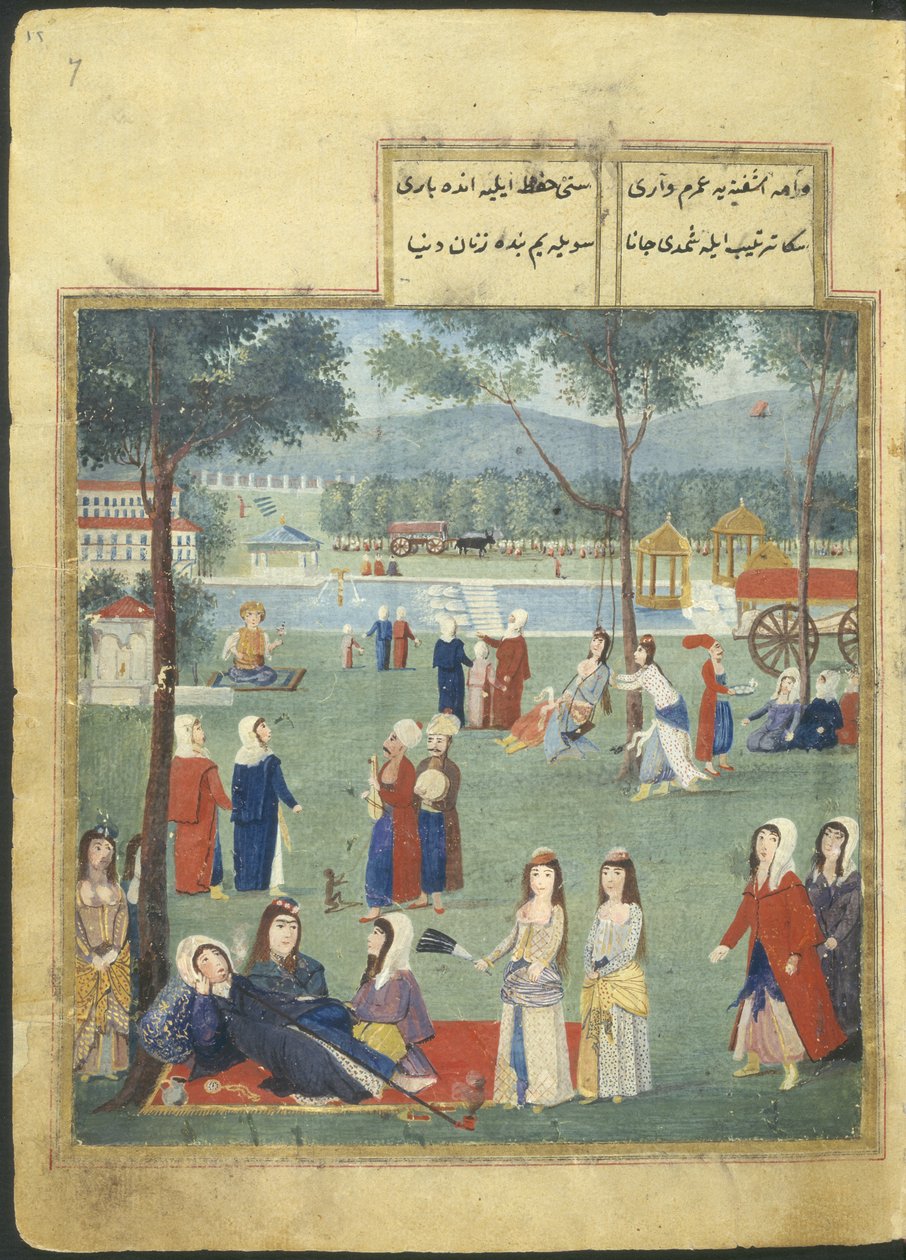 Ou. 7094 f.7, The Gardens of the Kagithane (The Sweet Waters of Europe), Women in a park (aguarela sobre papel) de Turkish School
