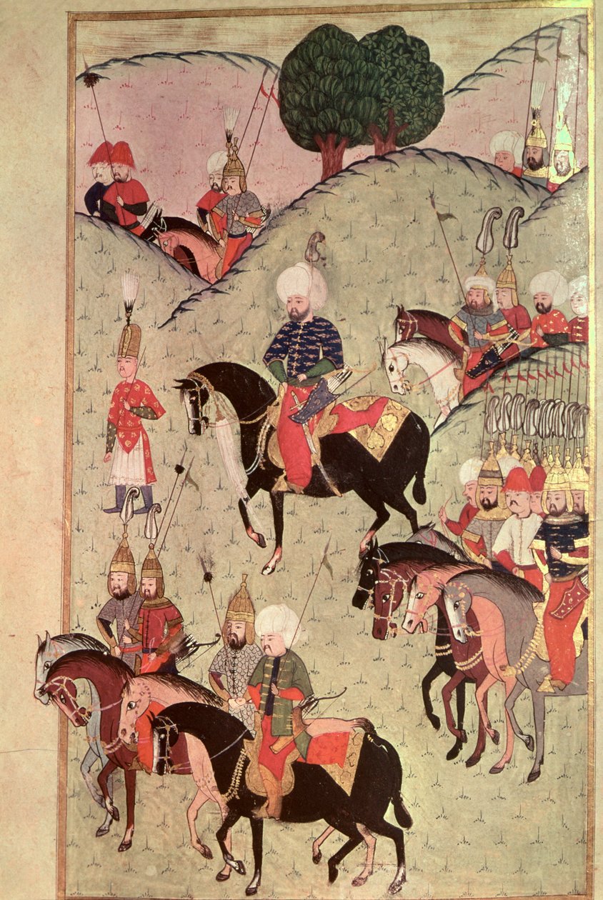 TSM H.1339 Sultão Selim II (1524-74) cavalgando entre Kotahia e Belgrado para voltar ao exército imperial, 1584-89 de Turkish School
