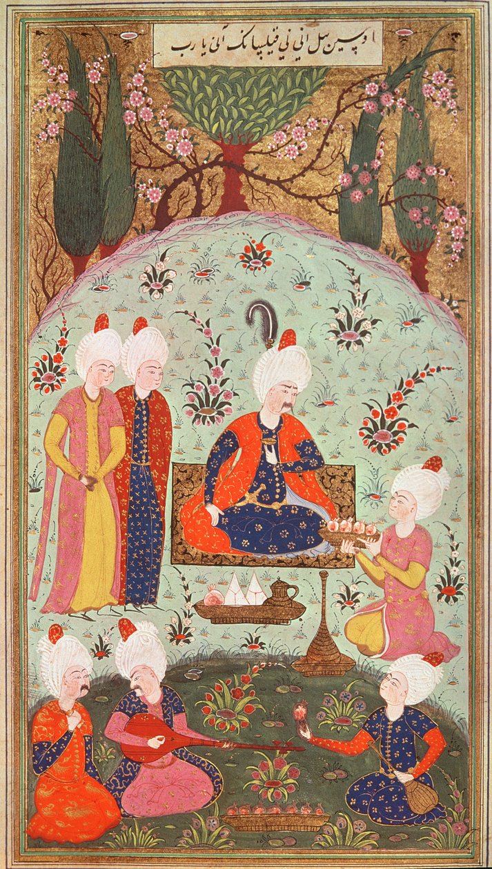 TSM H.804 & H.806 O príncipe herdeiro comemorando a vitória com uma refeição no jardim, 1534 de Turkish School