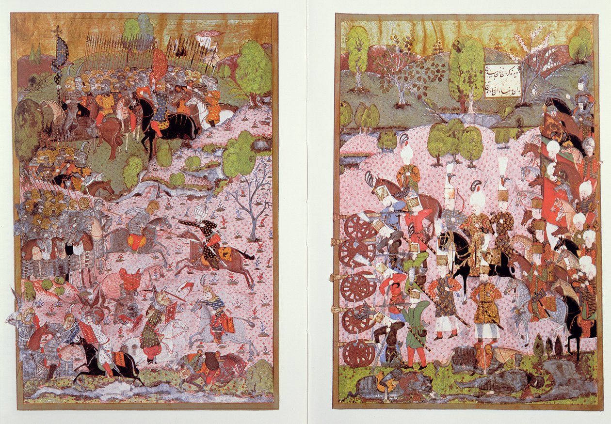 A Batalha de Mohacs, entre os turcos e húngaros, 1526, fac-símile de uma miniatura conservada no Museu Topkapi em Istambul de Turkish School
