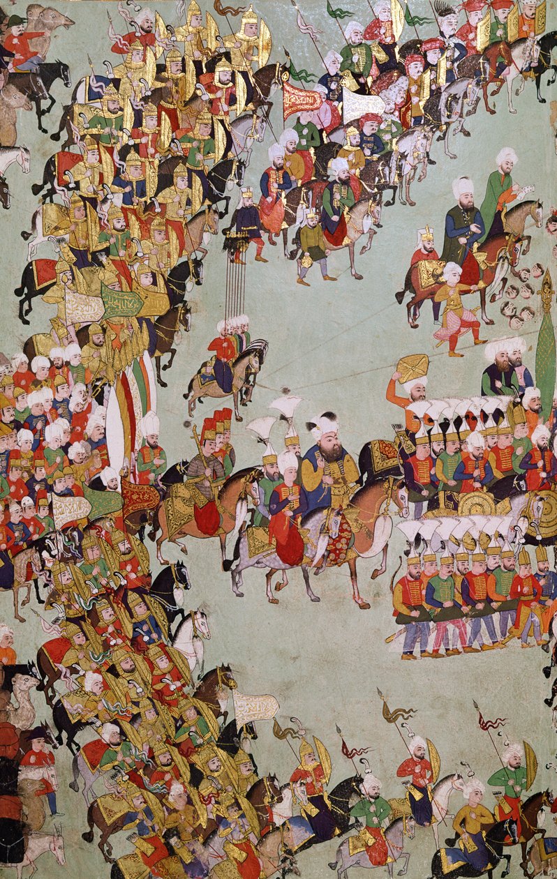 A Conquista de Eger, do Egri Fetihnamesi (tinta, wc e folha de ouro sobre pergaminho) de Turkish School