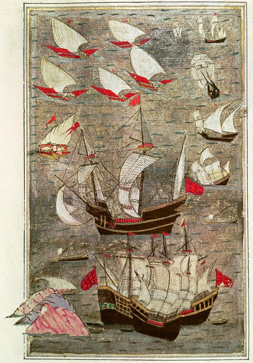 A Frota Otomana de Tarik-y Bayezid (tinta e folha de ouro sobre velino) de Turkish School