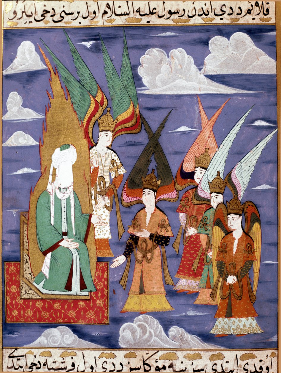 O profeta Muhammad (Maomé ou Muhammad) (570-632) (rosto coberto) durante sua viagem noturna em miniatura persa do século XVIII. Musee Topkapi Istambul Turquia de Turkish School