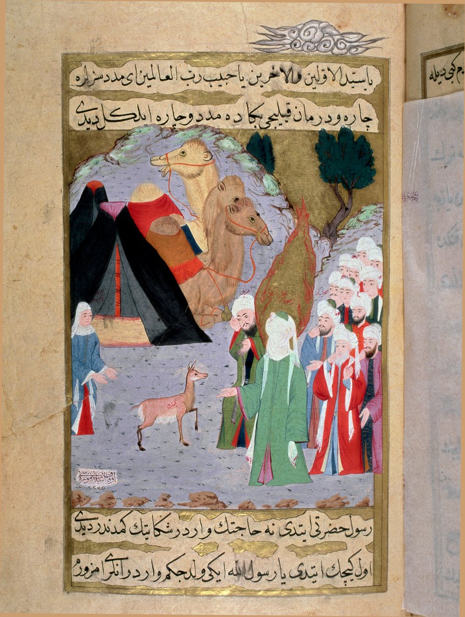 O profeta Maomé (Maomé ou Muhammad) (570-632) ouve o choro de uma corça miniatura de um manuscrito turco escrito por Erzeni, ilustrado por Seyyid Suleiman Pasha, relatando a vida de Maomé no século XVIII. Istambul, Arte turco-islâmica de Turkish School