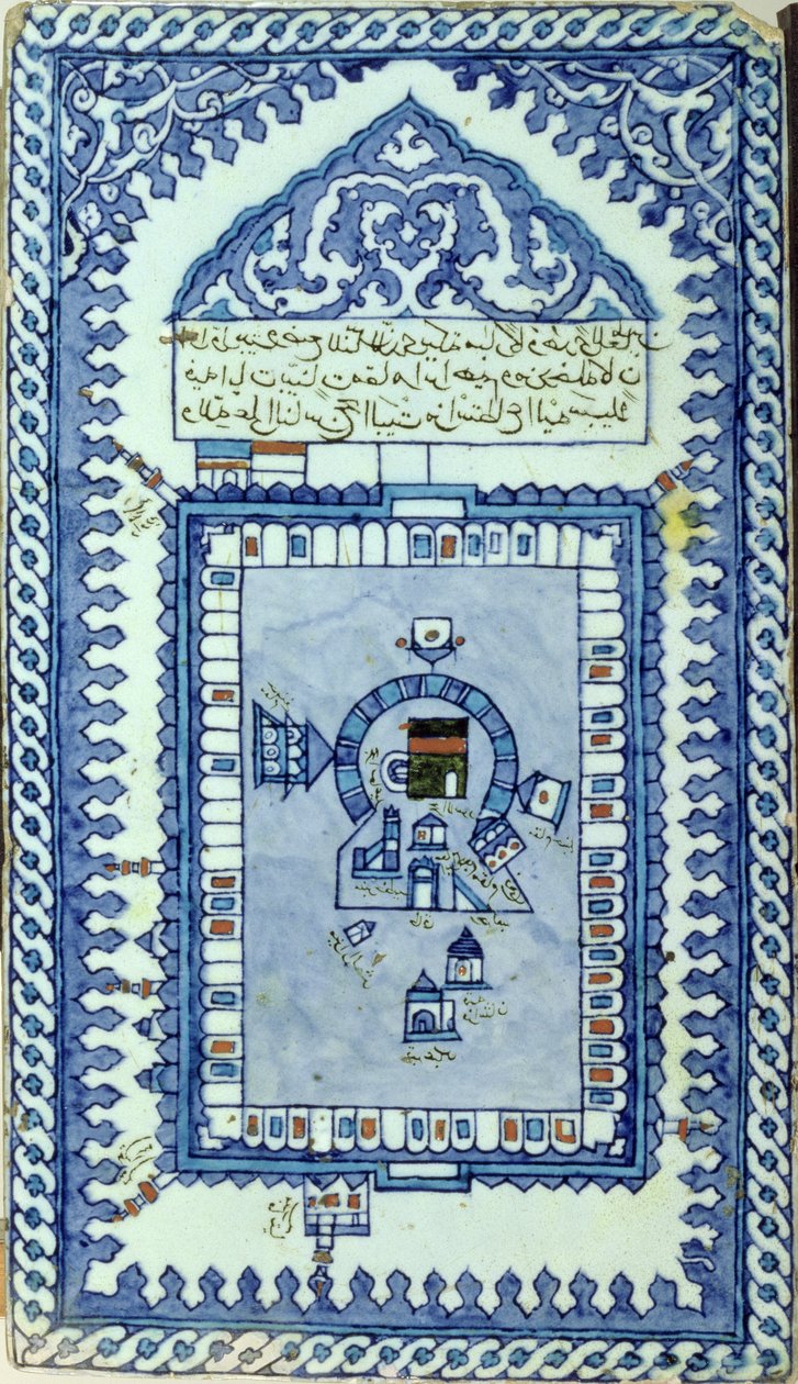 Azulejo com a Grande Mesquita de Meca (fritware sobrescrito) de Turkish School