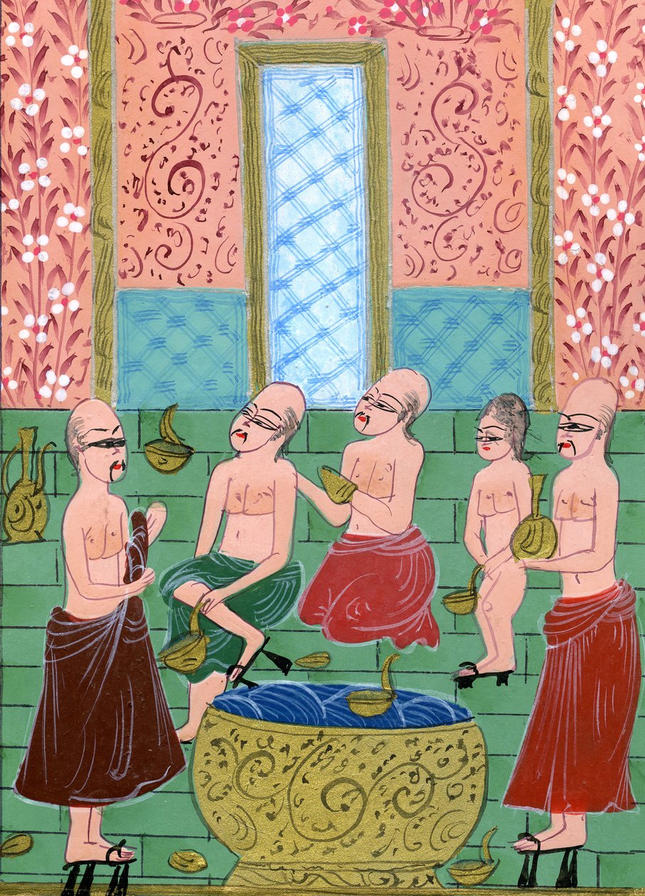 Vista dentro de um Hamam masculino (aquarela e pó de ouro sobre papel) de Turkish School
