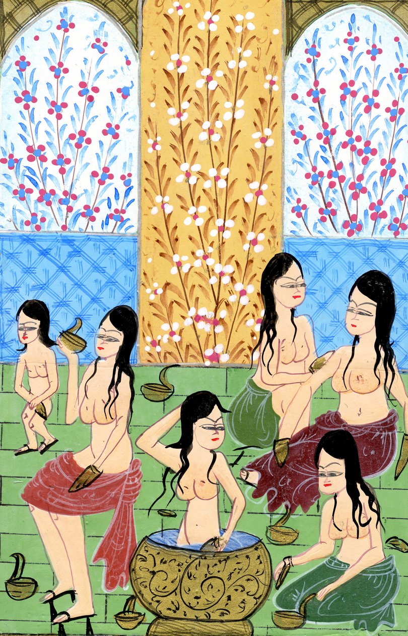 Vista dentro de um Hamam feminino (aquarela e pó de ouro sobre papel) de Turkish School