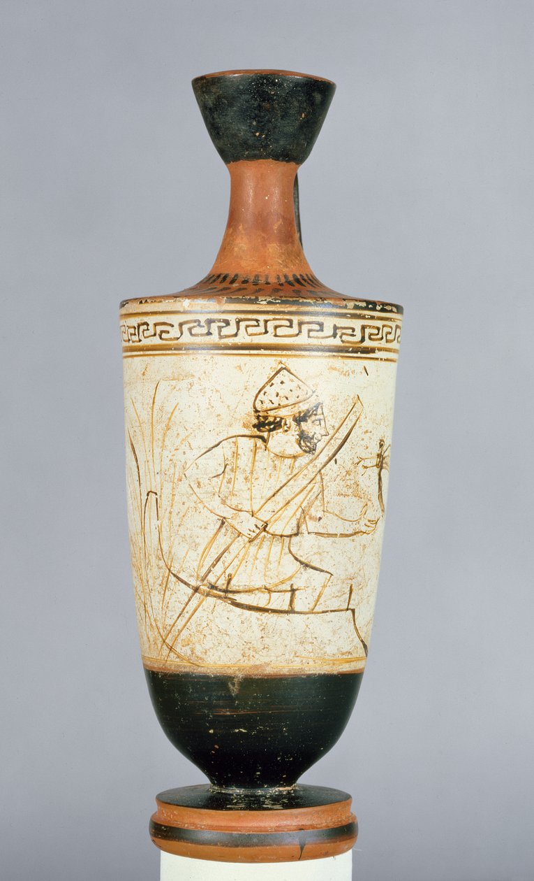Lekythos áticos de fundo branco decorados com Charon, o barqueiro do Submundo recebendo a alma de uma pessoa morta, de Atenas, c.475-425 aC (cerâmica) de Tymbos Painter