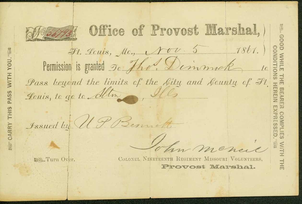 Passe Militar de Thomas Dimmock, assinado U.P Bennett, 5 de Novembro de 1861 de U. P. Bennett