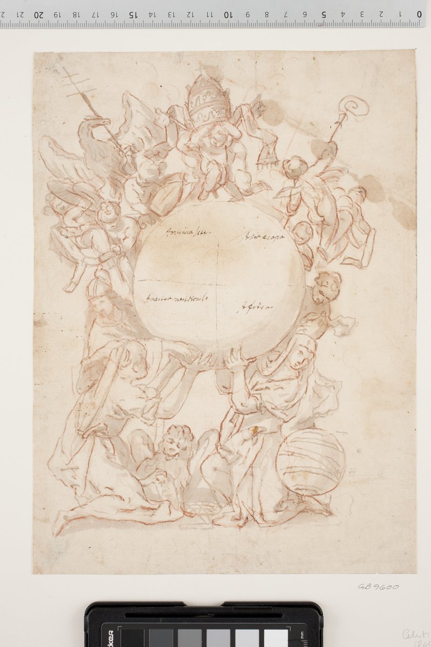 Várias figuras, incluindo o leão de Marcos, um doge e uma mulher, em cujo lado se vê um globo, sustentam um grande globo dividido em quatro campos, distinguidos por inscrições como "America Sett.", "America meridionale", " Ásia Europa" e "África". Sobre o  de Ubekendt