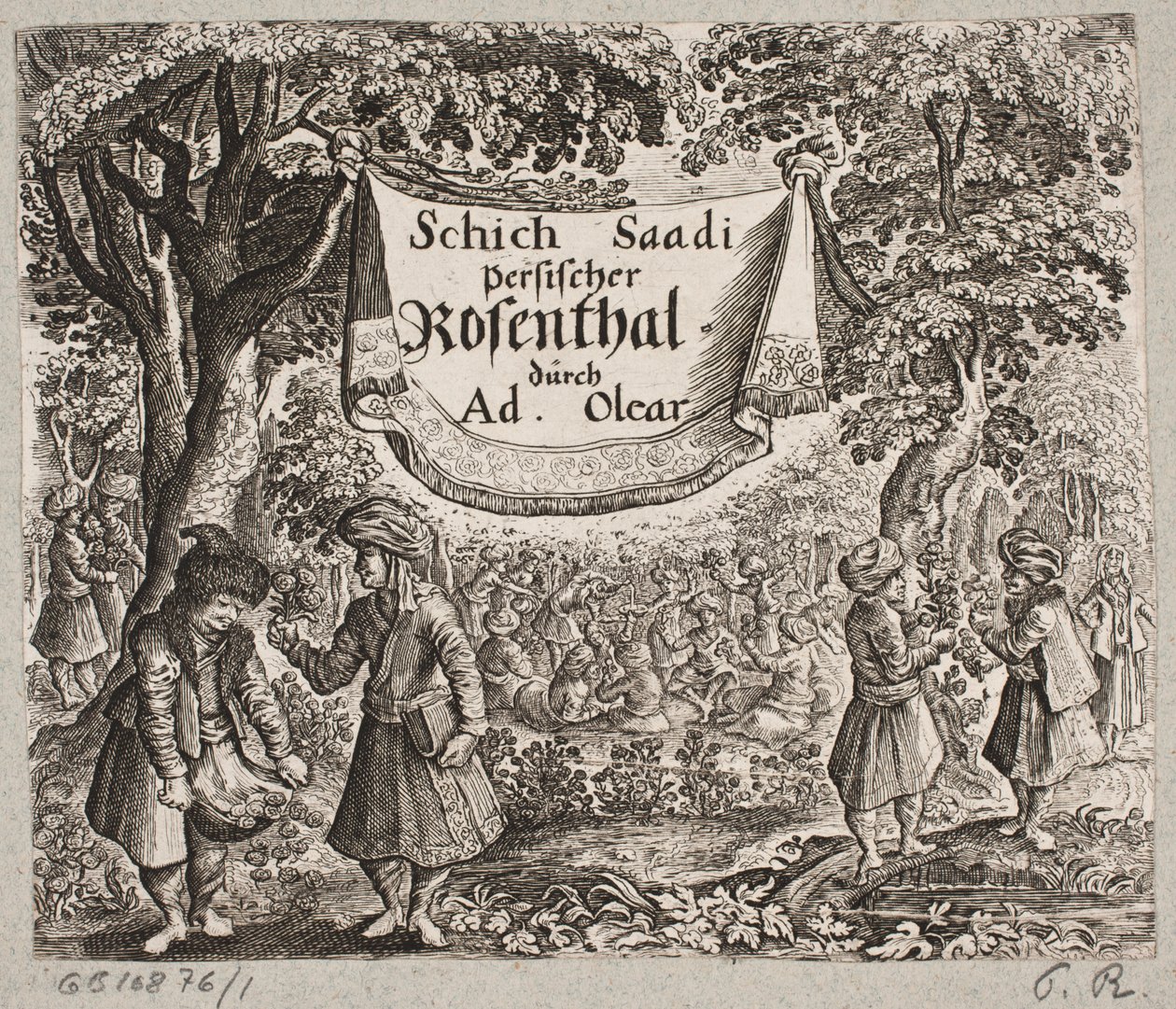 Frontispício til Adam Olearius, “Persian Rosenthal por um engenhoso poeta Schich Saadi […]”, Schleswig 1660 de Ubekendt