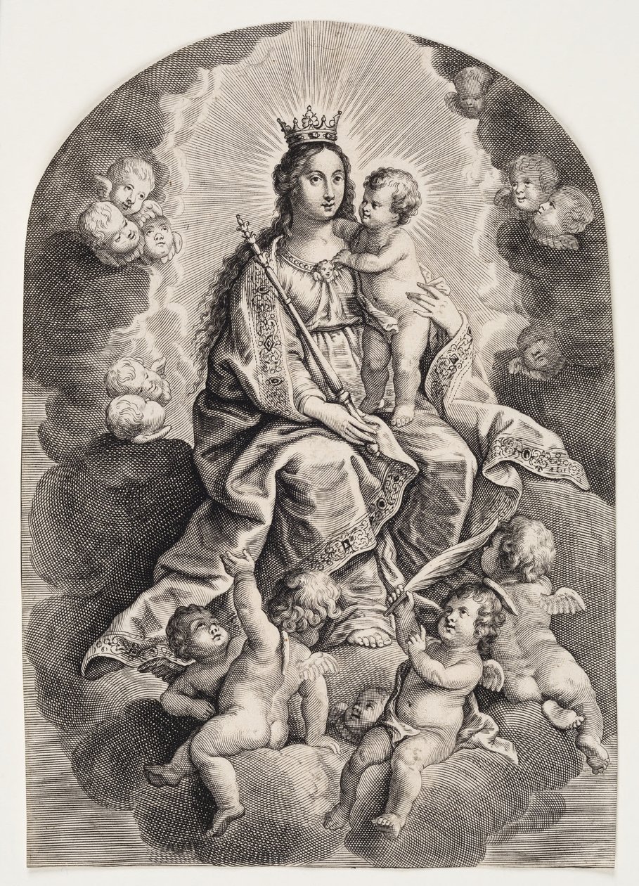 Virgem Maria na nuvem, com o menino Jesus, cetro e coroa de Ubekendt