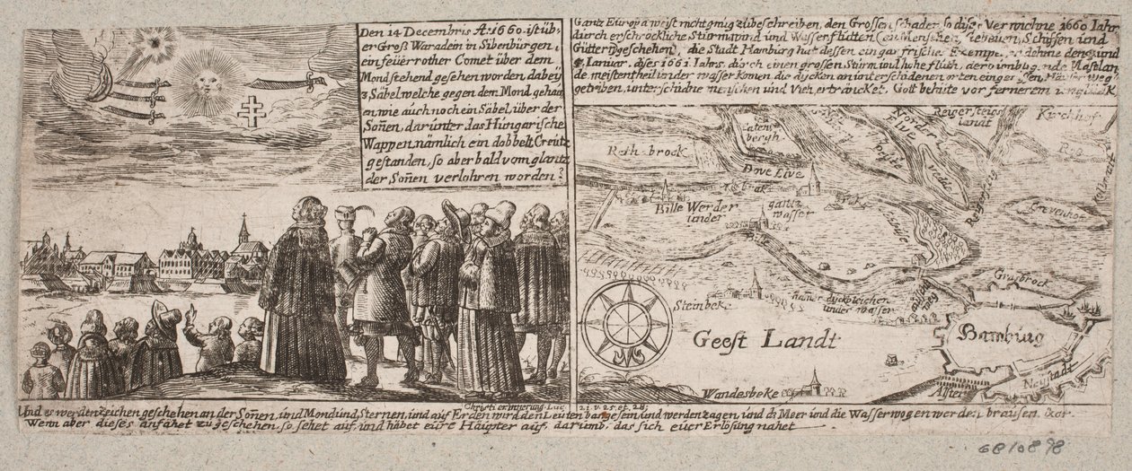 O cometa que apareceu em Grossvardein, Sibenbürgen, 14 de dezembro de 1660, bem como um mapa próprio perto de Hamburgo durante a tempestade em 4 de janeiro de 1661 de Ubekendt