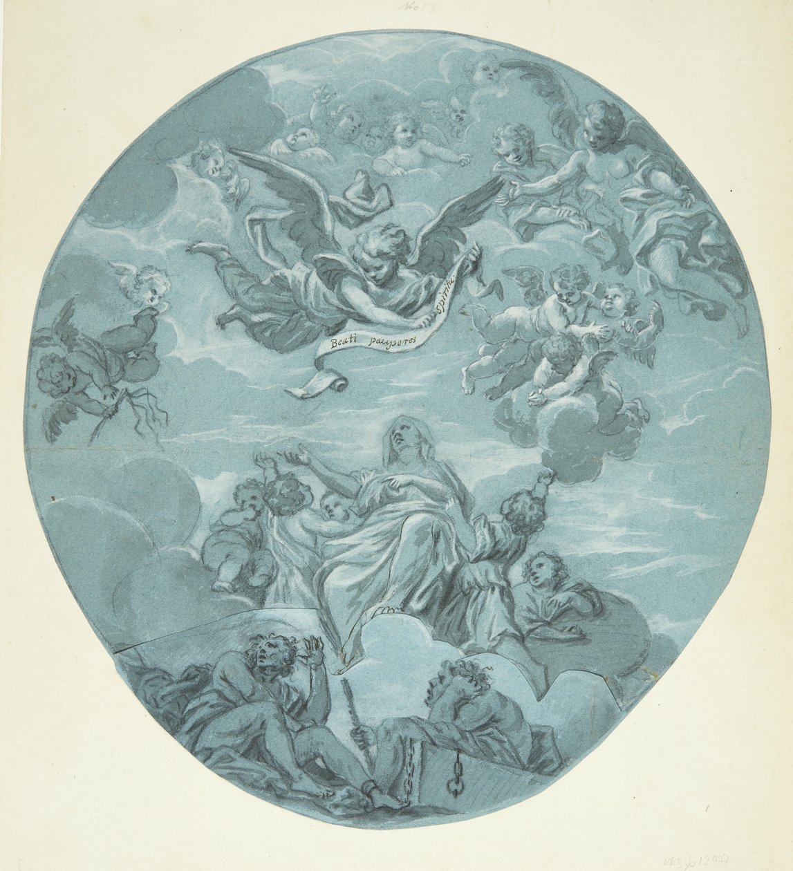 Uma santa nas nuvens, cercada por putti, acima de seus filhos angelicais e um anjo segurando um pergaminho com a inscrição: Beati pauperes spiritu de Ubekendt Ubekendt