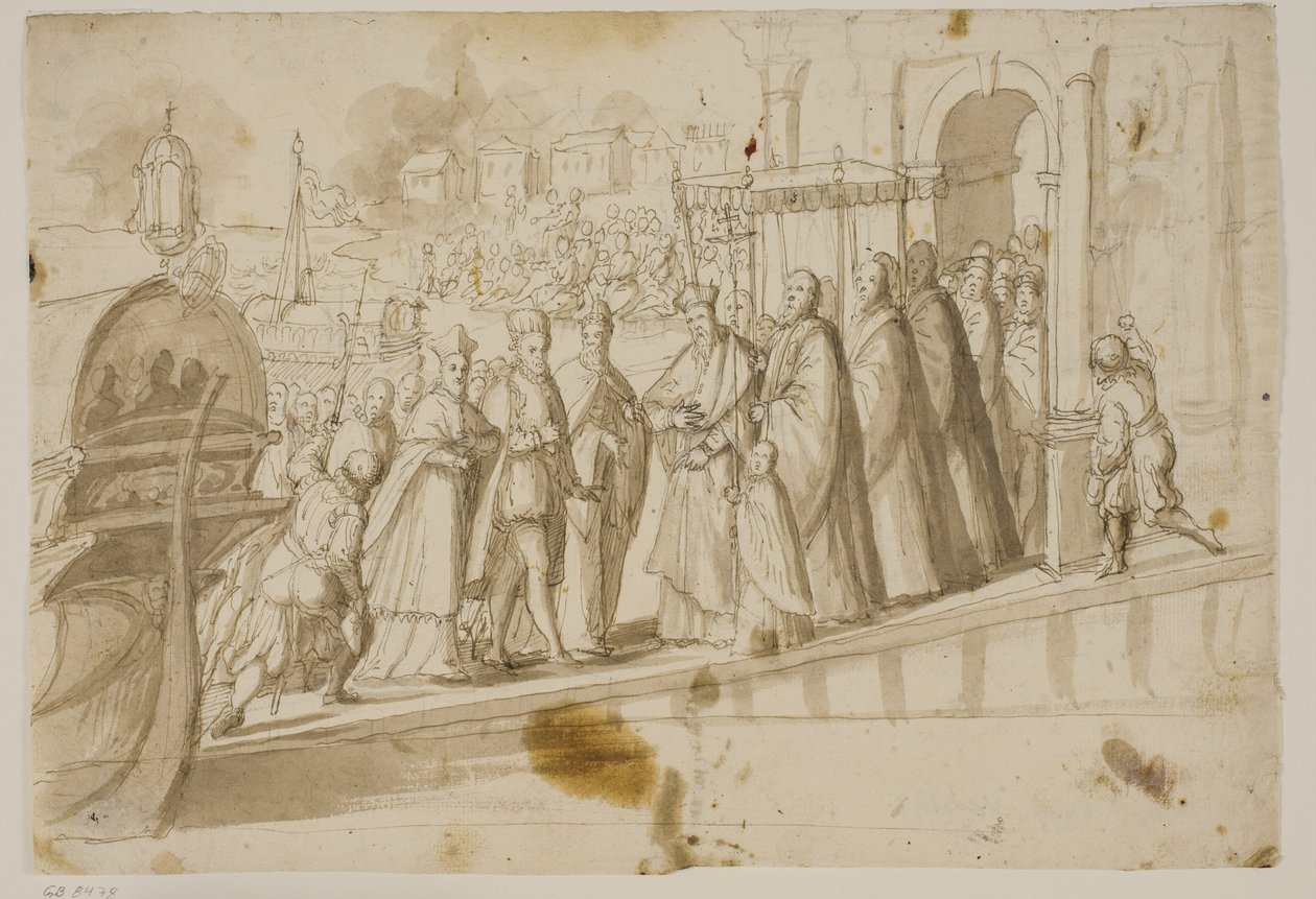 O rei Henrique III, o doge Alvise Mocenigo e o cardeal San Sisto foram recebidos pelo patriarca veneziano Giovanni Trevisan no Lido em Veneza de Ubekendt Ubekendt