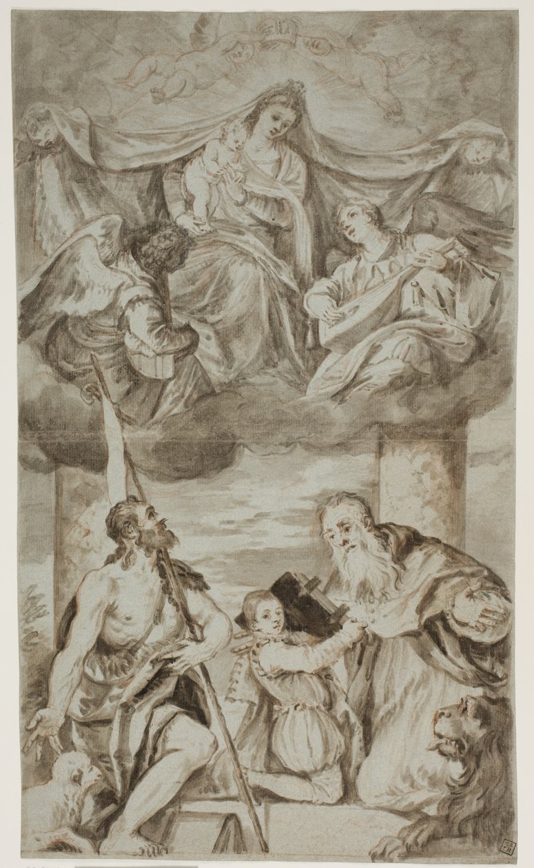A Virgem e o Menino entre os anjos nas nuvens com São João Batista e São Jerônimo, após a pintura de Paolo Veronese anteriormente em S. Francesco della Vigna, Veneza de Ubekendt Ubekendt