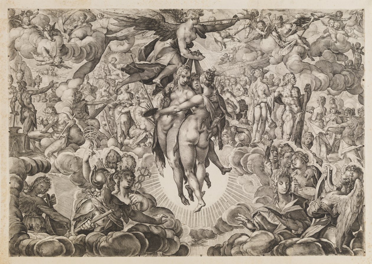 Pintura, escultura e arquitetura, banidos pelos turcos, retirados para o Olimpo de Ubekendt efter Jan Muller; H. Goltzius; Ae. Sadeler og Lucas Kilian efter Bartholomeus Spranger