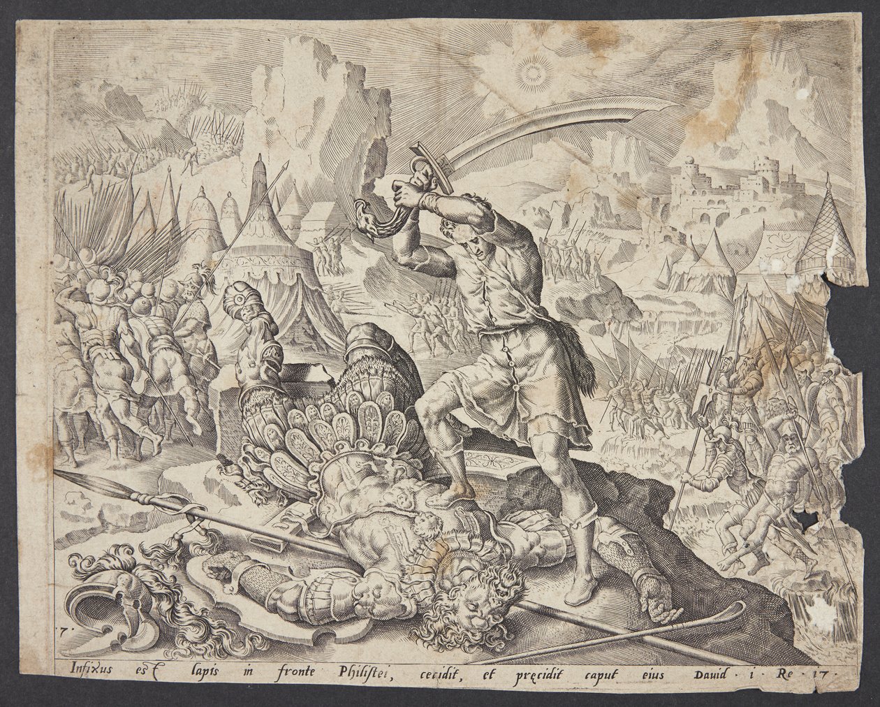 Abner presenteando Davi com a cabeça de Golias para Saul de Ubekendt efter Maarten van Heemskerck