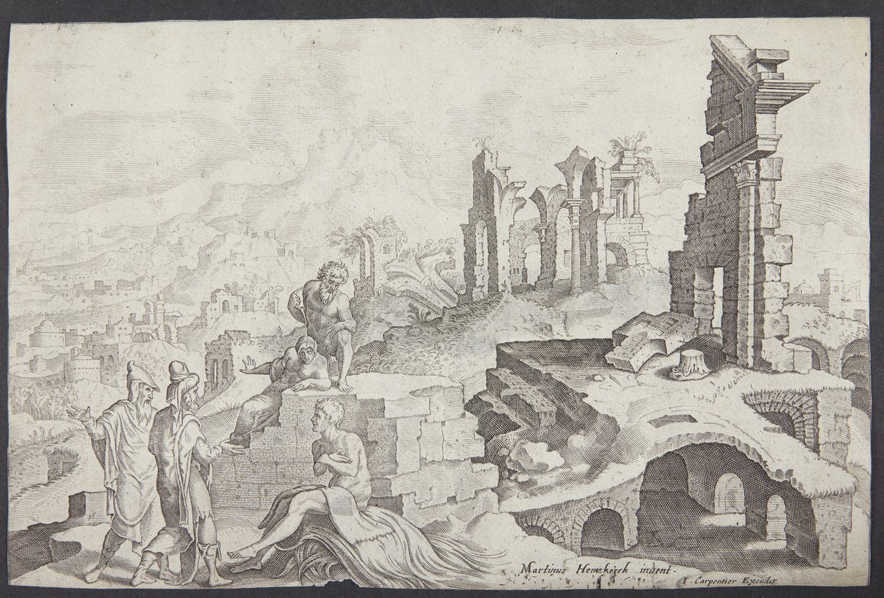 Job no monturo com sua esposa e três amigos de Ubekendt efter Maarten van Heemskerck