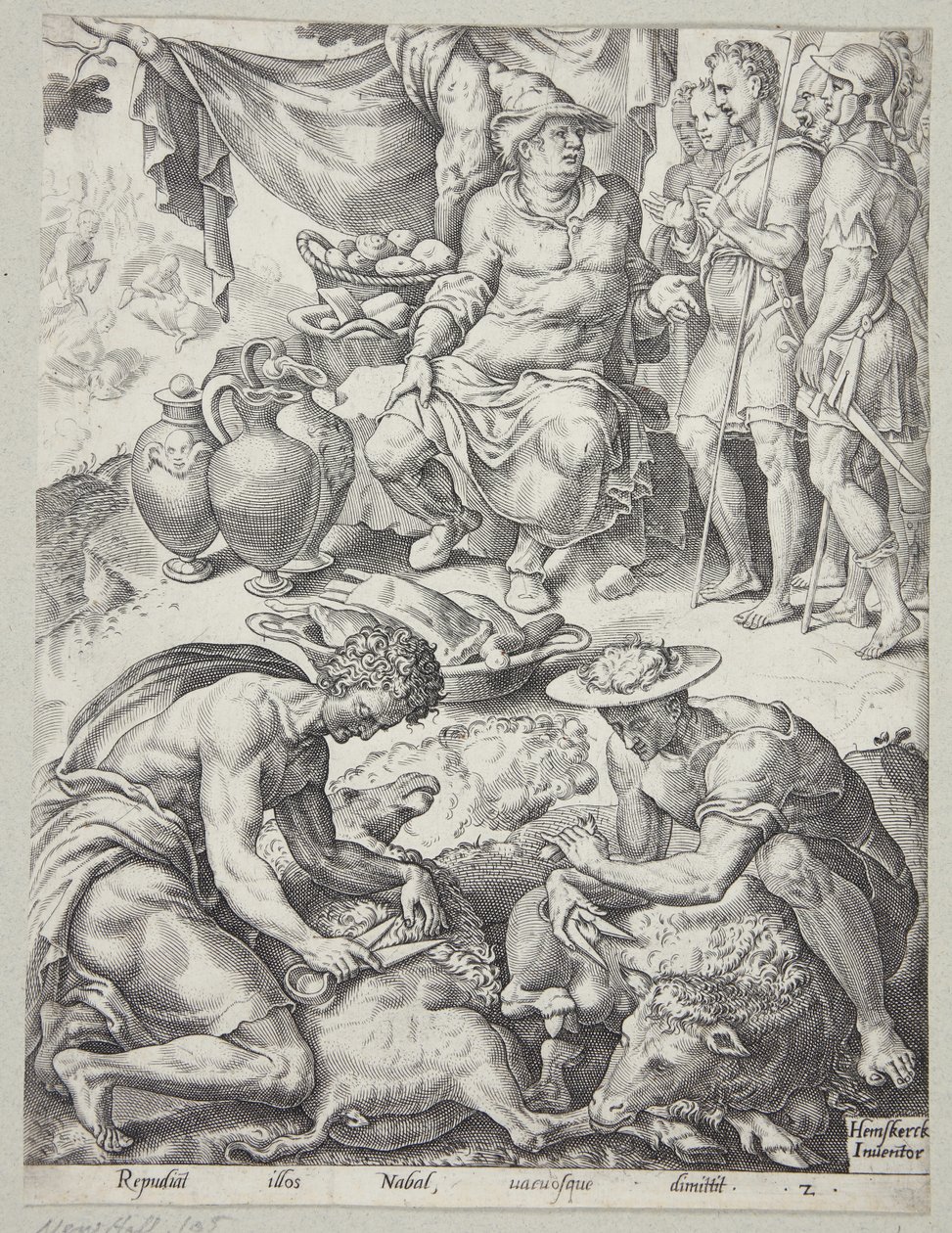 Nabal se recusando a enviar comida a Davi de Ubekendt efter Maarten van Heemskerck