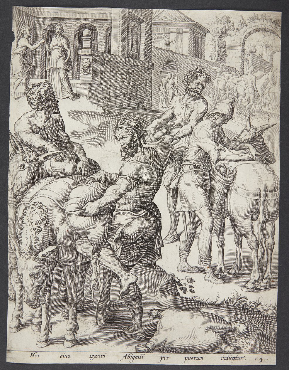 Os servos de Abigail carregando os jumentos com comida para Davi de Ubekendt efter Maarten van Heemskerck