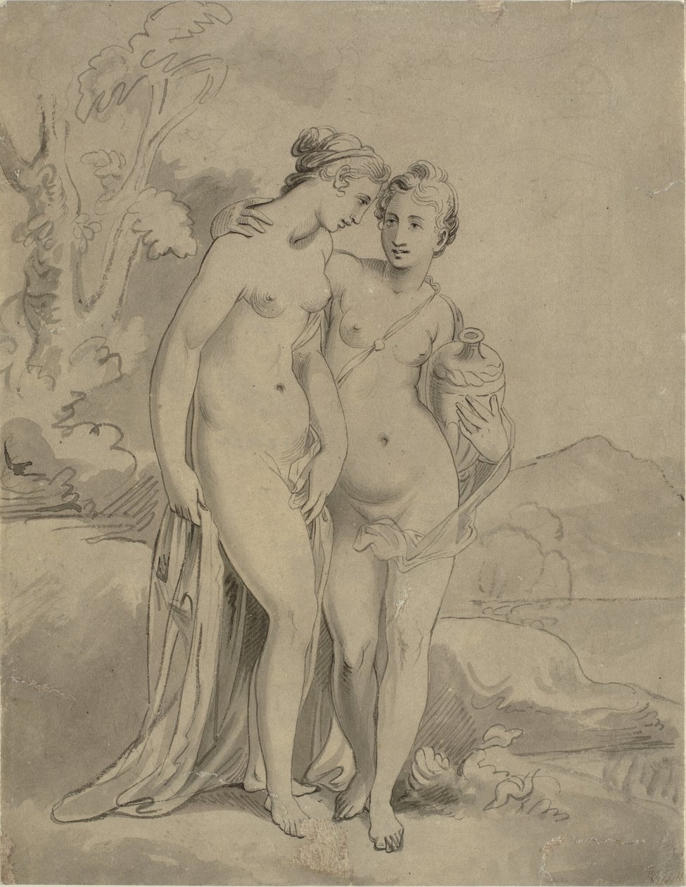 Duas ninfas em uma paisagem de Ubekendt engelsk kunstner 1820