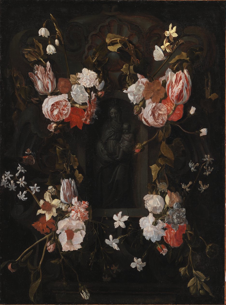 Uma cartela de pedra com a Virgem Maria e o Menino Jesus em um nicho cercado por uma guirlanda de flores de Ubekendt flamsk 1600 tallet
