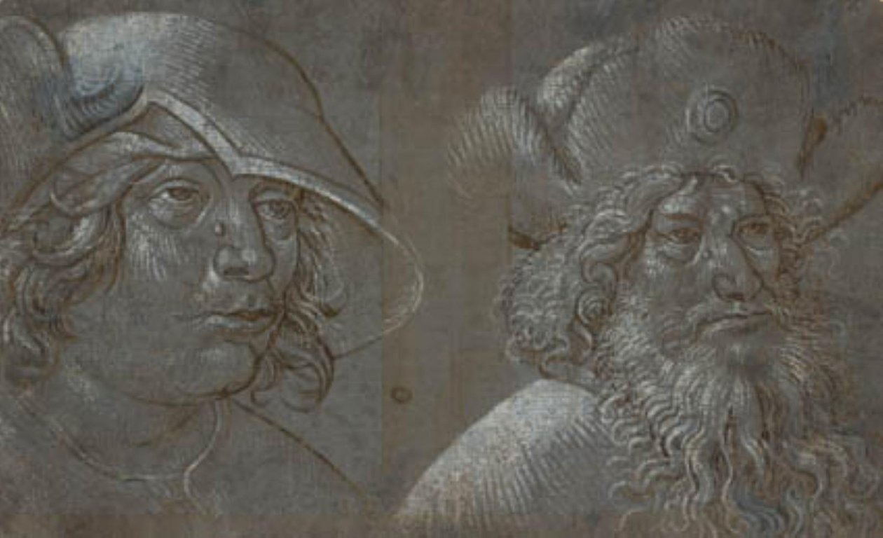 Duas cabeças masculinas em perfil a três quartos à direita, ambos com chapéus marcantes. de Ubekendt tysk nederlandsk ca. 1500
