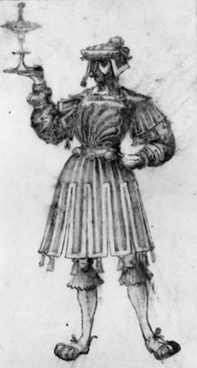 Homem de pé, ricamente vestido, com bigode, erguendo uma taça na mão direita de Ubekendt tysk slutningen af 1600 tallet eller begyndelsen af 1700 tallet