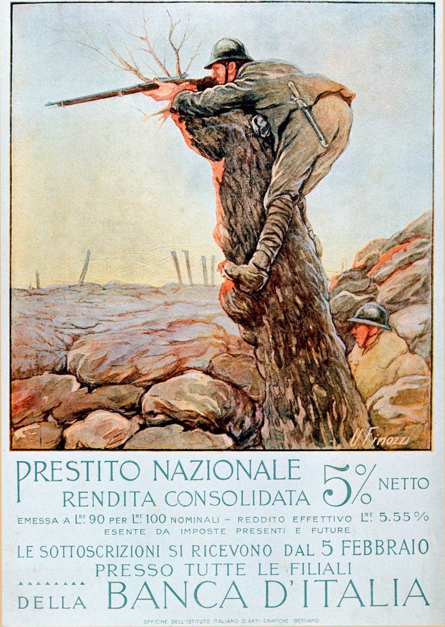 Primeira Guerra Mundial: cartaz italiano incentivando o empréstimo nacional. Ilustração de Ugo Finozzi (século XX). 1914-1918 Atenção! O uso desta obra pode estar sujeito a um pedido de autorização a terceiros ou ao pagamento de taxas adicionais. de Ugo Finozzi