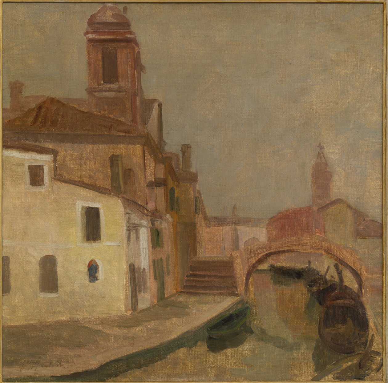 Casas e uma ponte em Chioggia (pintura a óleo sobre tela) de Ugo Martelli