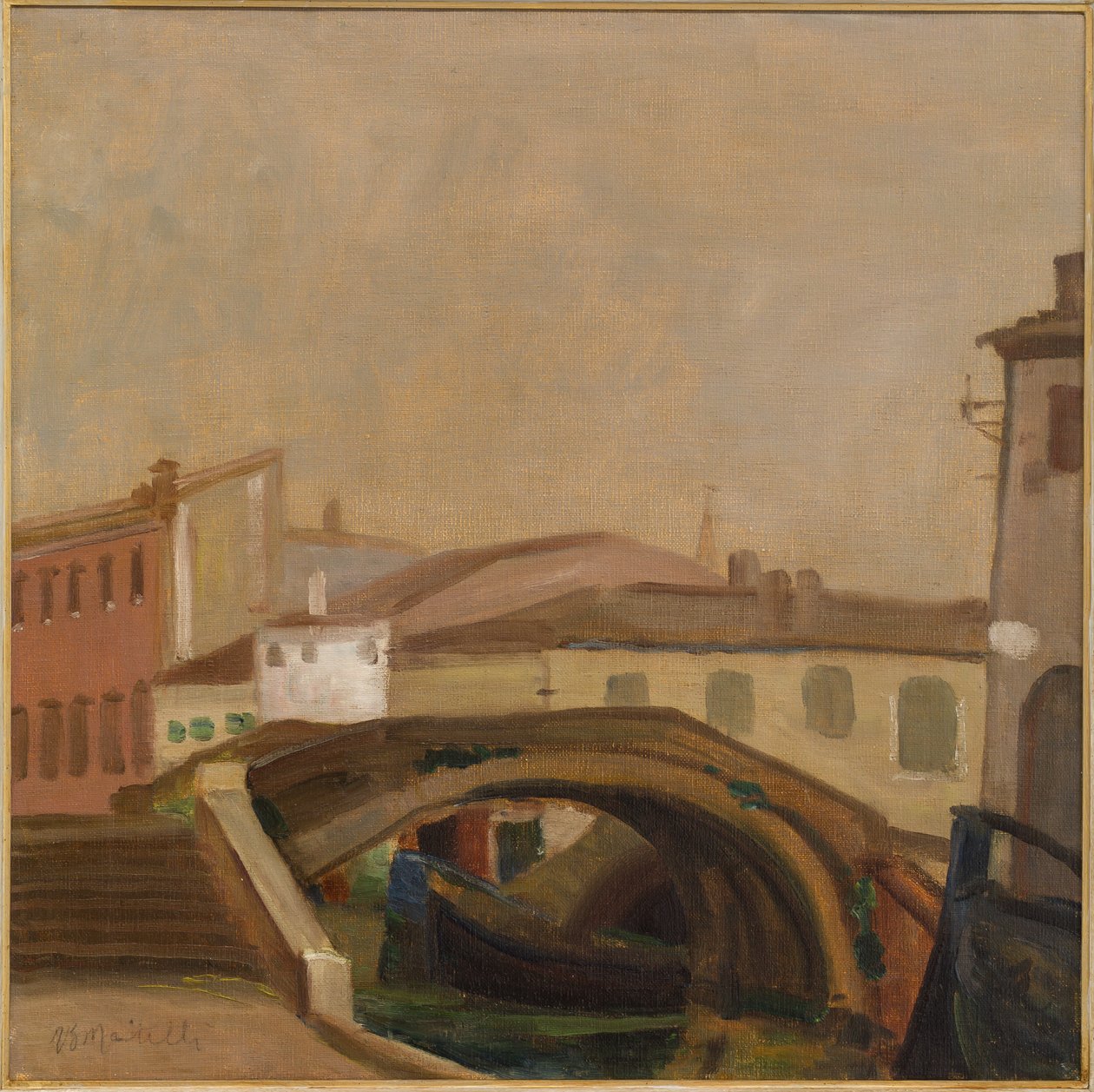 Casas e uma ponte em Chioggia (pintura a óleo sobre tela) de Ugo Martelli
