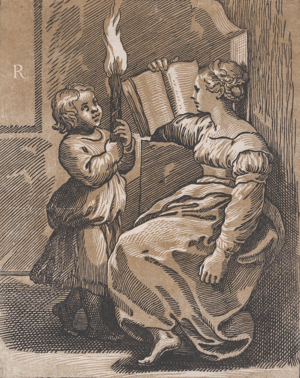 Uma Sibila lendo um livro voltado para a esquerda, depois de 1518. de Ugo da Carpi