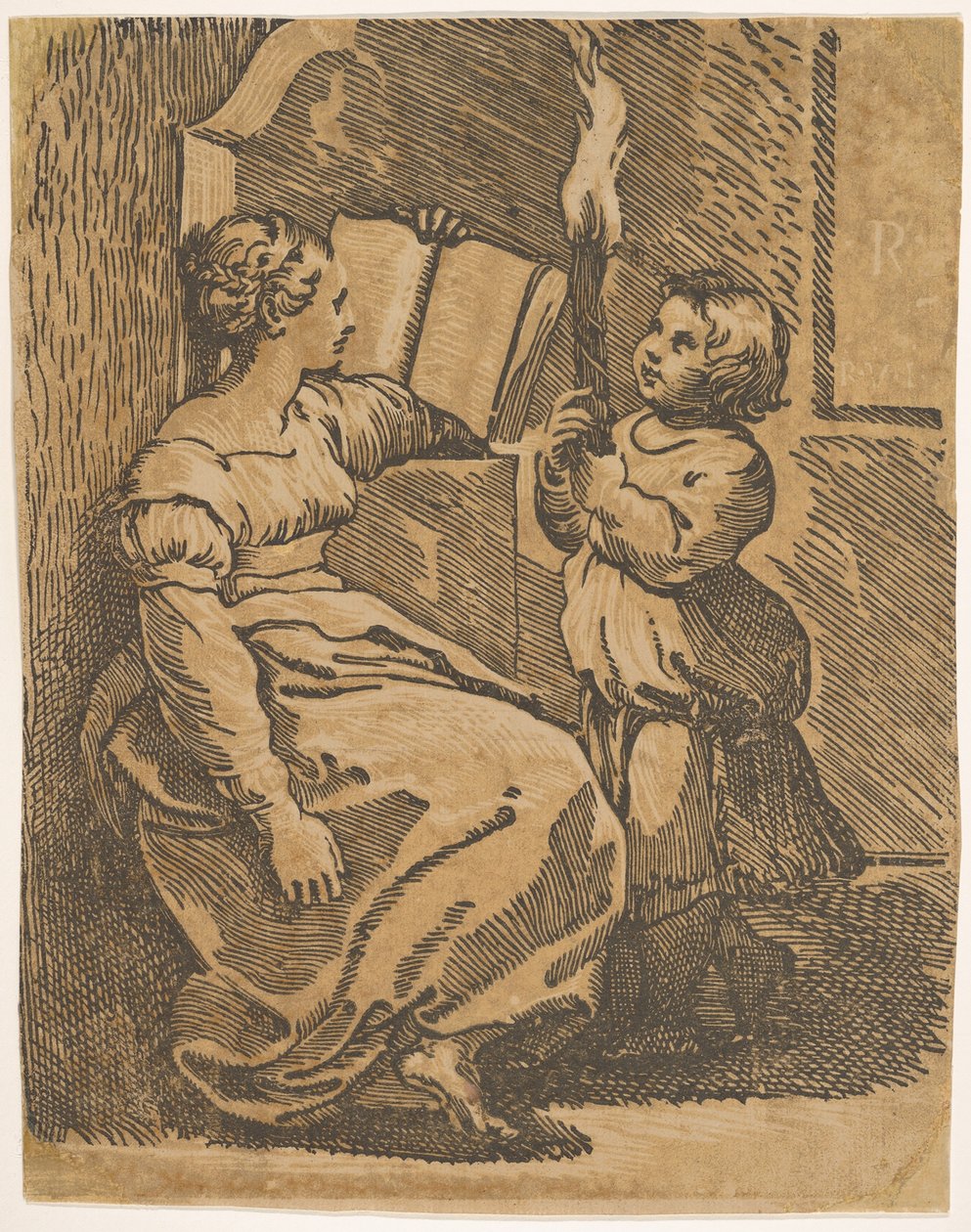 Uma leitura de Sybil voltada para a direita, ca. 1517-18. de Ugo da Carpi