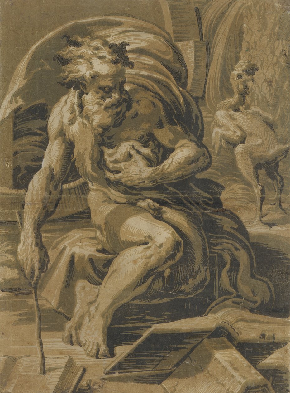 Diógenes, sentado diante de seu barril, lendo um livro, uma galinha depenada em pé atrás..., ca. 1527-30. de Ugo da Carpi