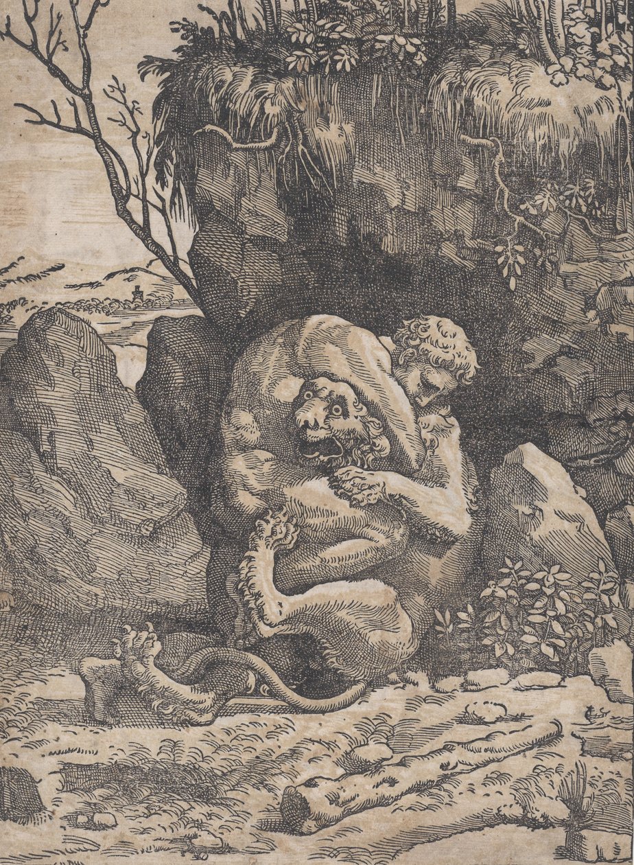 Hércules e o Leão Nemean, ca. 1517-18. de Ugo da Carpi