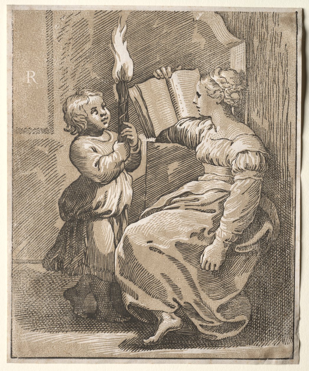 Leitura de sibila com uma criança segurando uma tocha, 1518-27. de Ugo da Carpi
