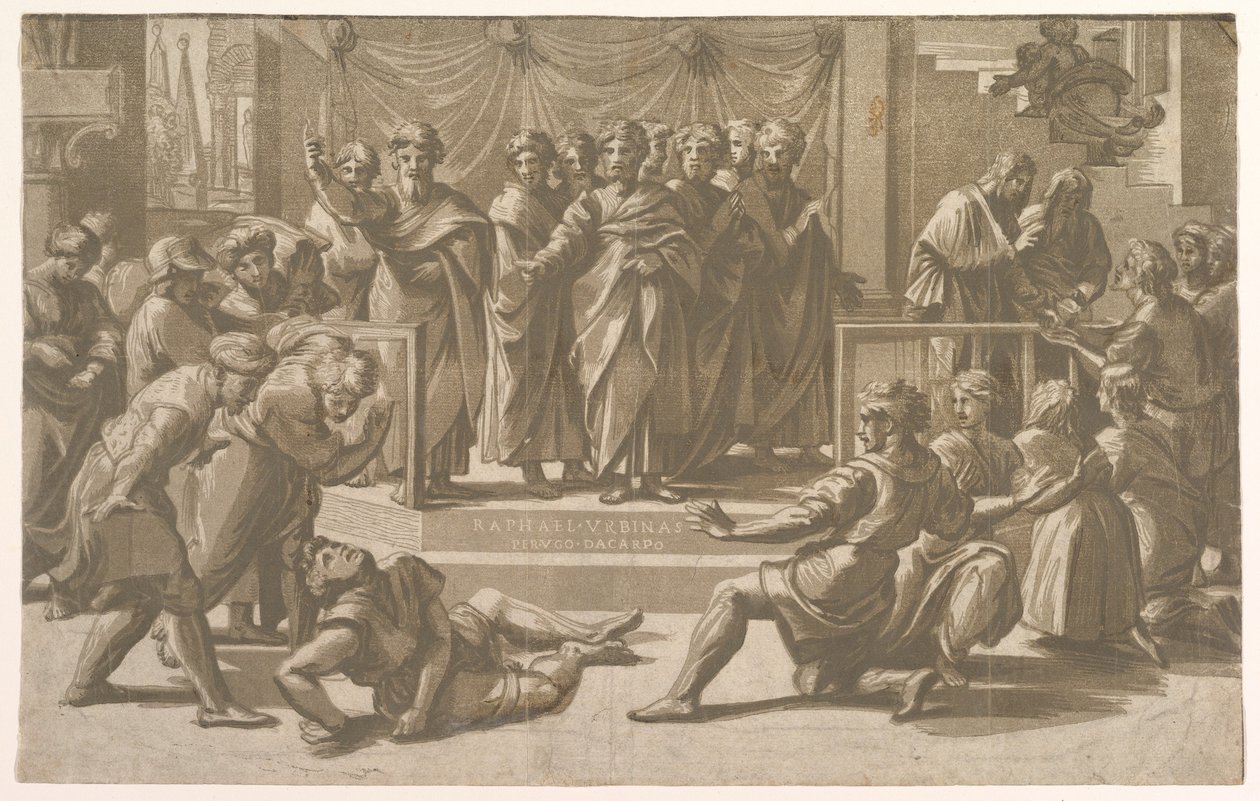 A morte de Ananias, cercada por apóstolos, 1518. de Ugo da Carpi