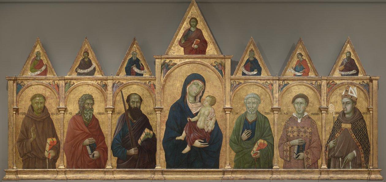 Virgem e Criança com Santos Francisco, André, Paulo, Pedro, Estevão e Luís de Toulouse, c.1317-21 de Ugolino di Nerio