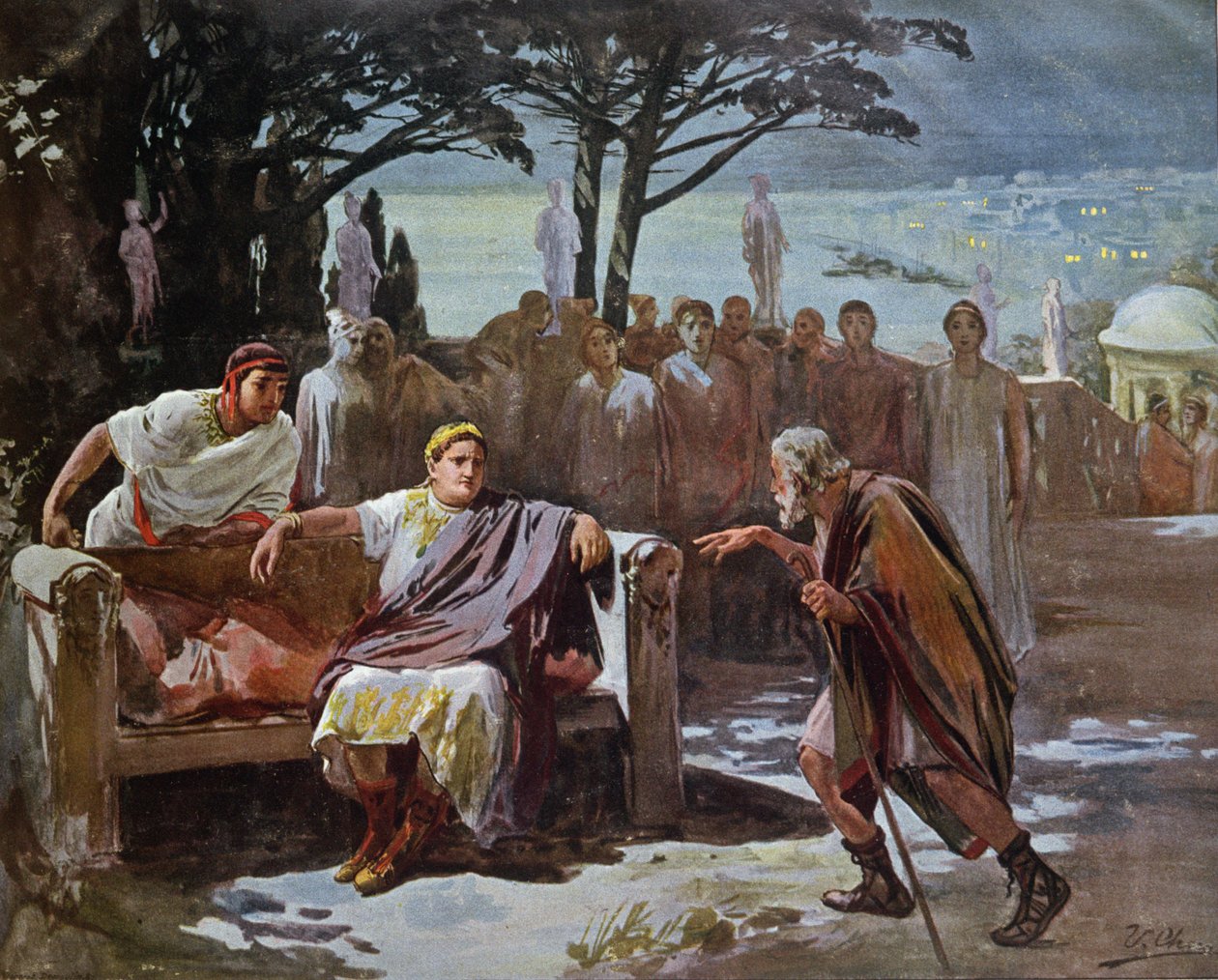 Chilon acusando os cristãos de começar o fogo em Roma, ilustração de &39;Quo Vadis&39; por Henryk Sienkiewicz (1846-1916) c.1910 de Ulpiano Checa y Sanz